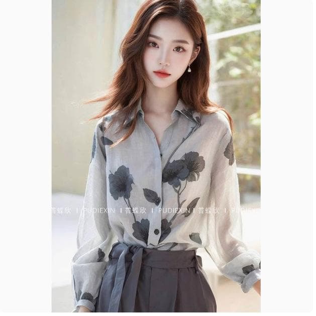 Early Autumn New Temperament Tops Are Popular This Year. Beautiful Little Shirt with Linen Printed Long-sleeved Shirt for Women 3XL
