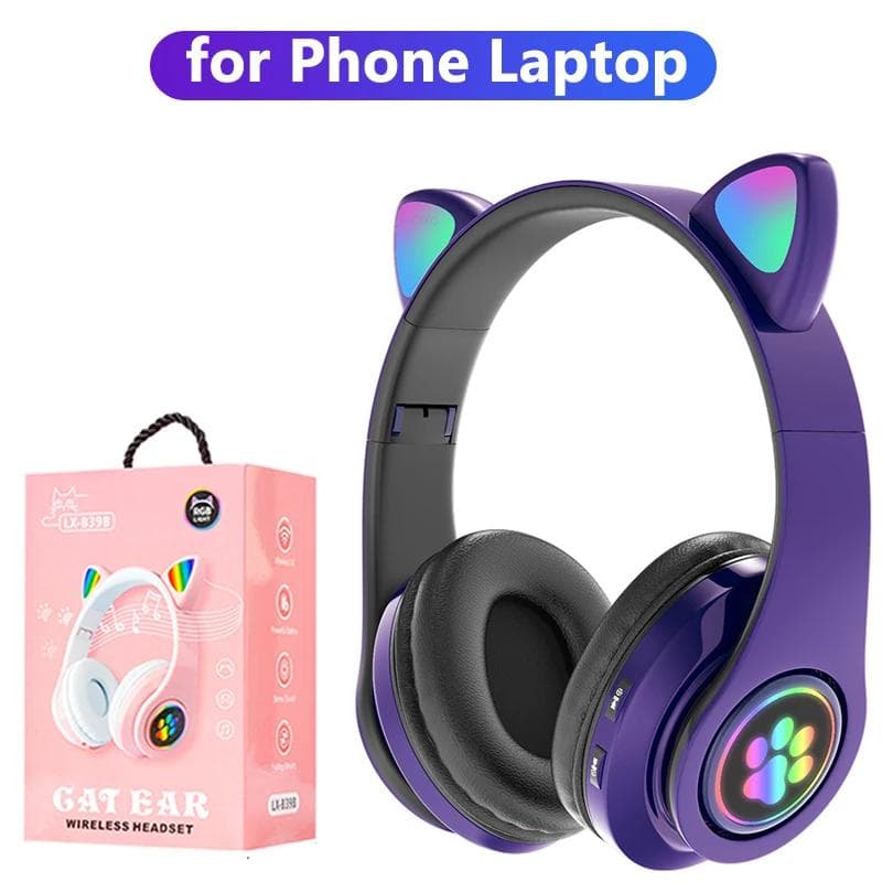 Bluetooth 5.0 Headphone with Microphone Cute Cat Ear Wireless/Wired Foldable Headphone Bass RGB Breathing Light for Boys/Girls With box purple