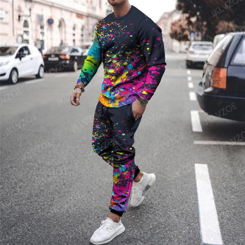 Spring Men's Tracksuit Set Color Splashing Ink Print T-shirt Long Sleeve Pant Casual Streetwear 2 Piece Suit Fashion Outfits 3XL