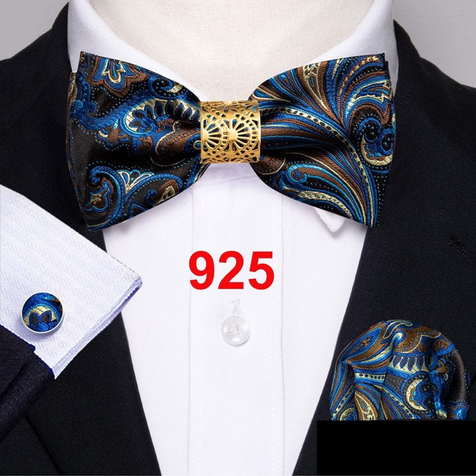 Barry.Wang Bowtie for Men Paisley Plaids Silk Pretied Bowtie Hanky Cufflinks Set LH-0925