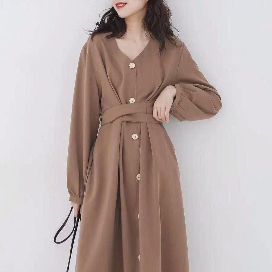 Japanese Vintage Style V-neck High Waist Lace Up Waist Dress XL khaki