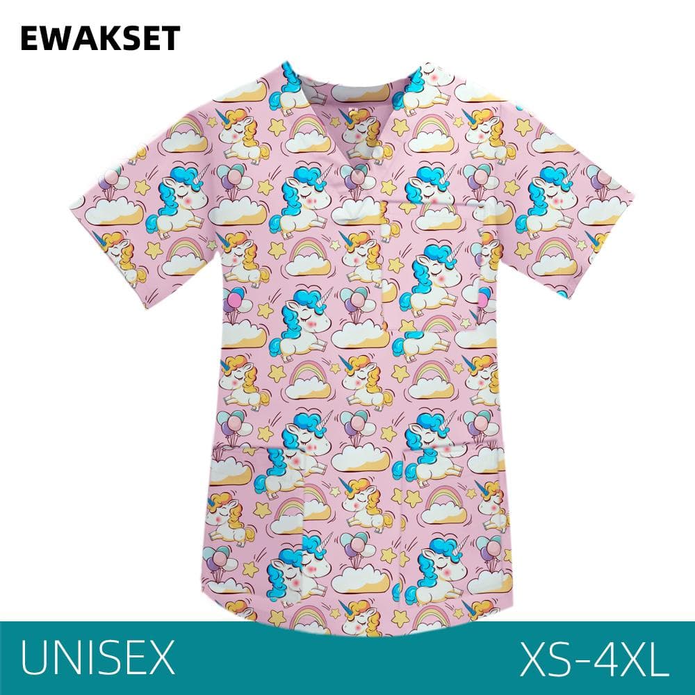 Medical Scrub Tops Women Men 100%Cotton Nurse Doctor Working Uniforms Cartoon Printed 4XL