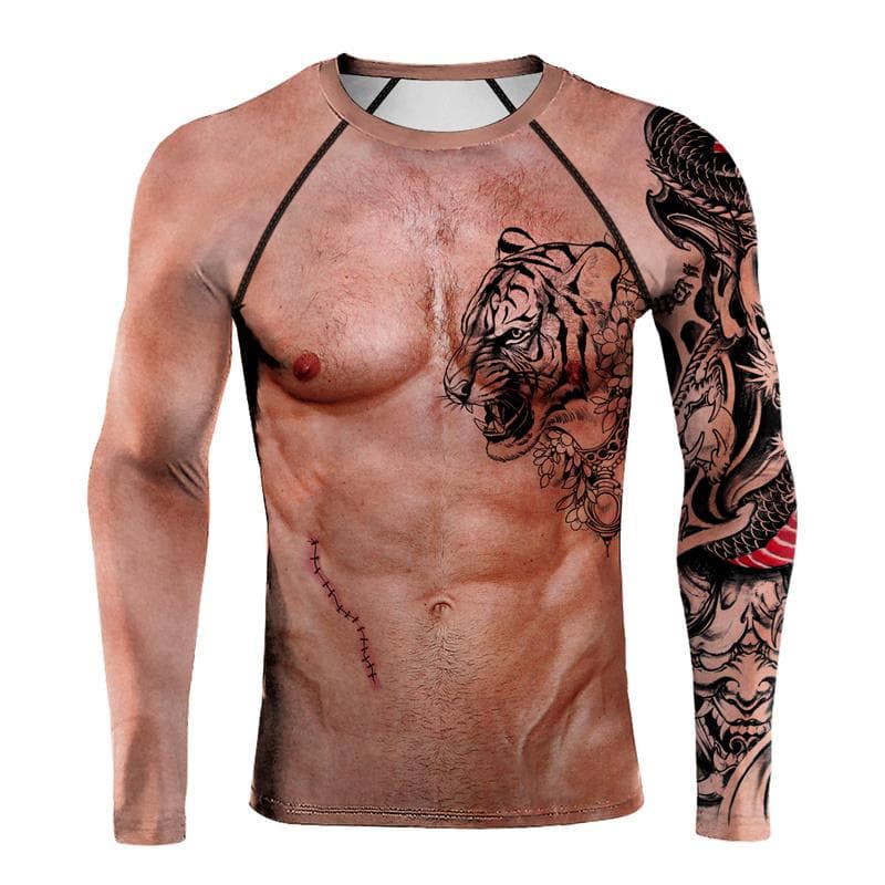 Muscle Tattoo Mens Compression T-shirts Long Sleeve Wolf Dragon Sportswear Rashguard Fitness Gym Tops Tees Streetwear Tshirt 2XL