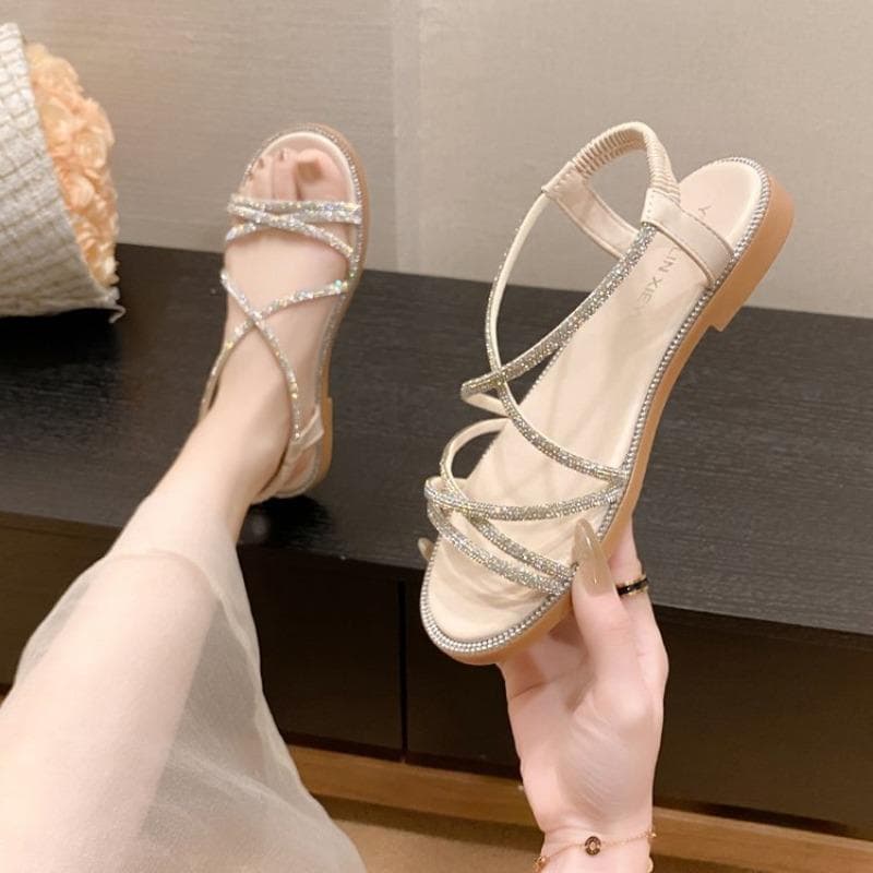 Large-sized Rhinestone Flats Sandals Open-toe Elastic Band Beach Shoes and Flip-flops 36 beige