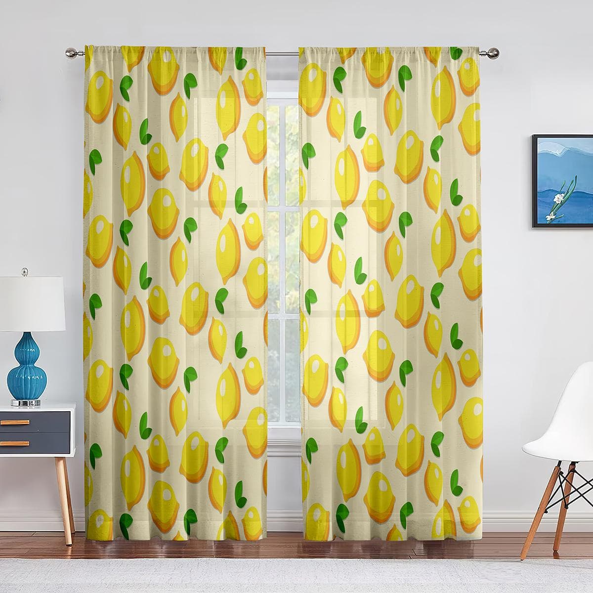 Yellow Lemon Fruit Green Leaves Sheer Curtains Window Treatment for Kitchen Living Room Bedroom Decoration Modern Tulle Curtains 1 PCS W100XH250cm&Grommet Top