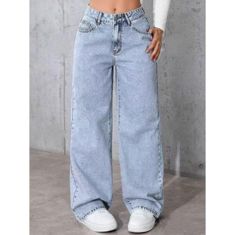 Women's High Waist Straight Leg Jeans, Loose Wide Leg Denim Pants, Acid Washed Light Blue Stretchy Jeans with Pockets, Casual Office Work Trousers S light blue