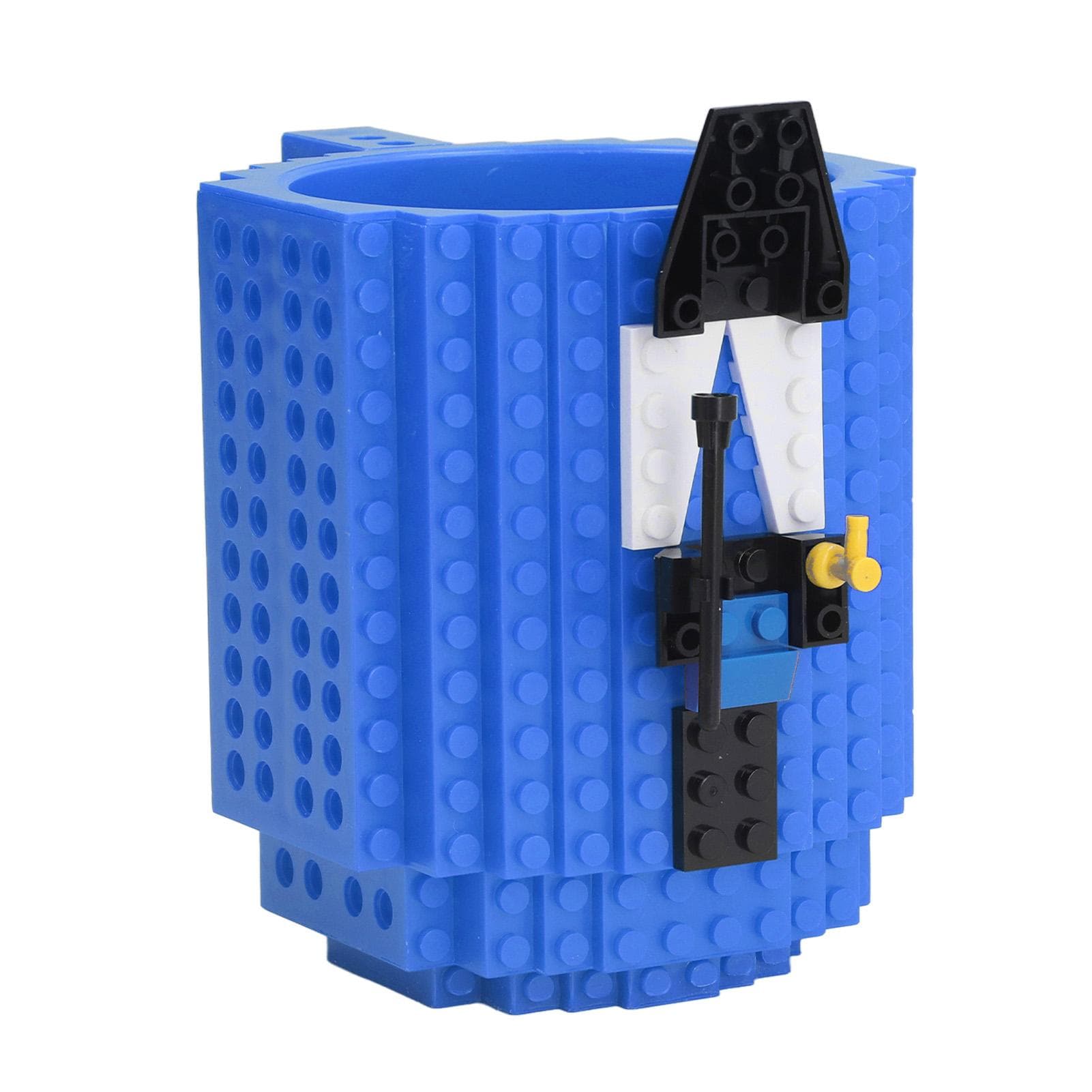 Build On Brick Coffee Mug BPA Free Funny DIY Novelty Cup with Building Blocks for Kids Fun Blue blue