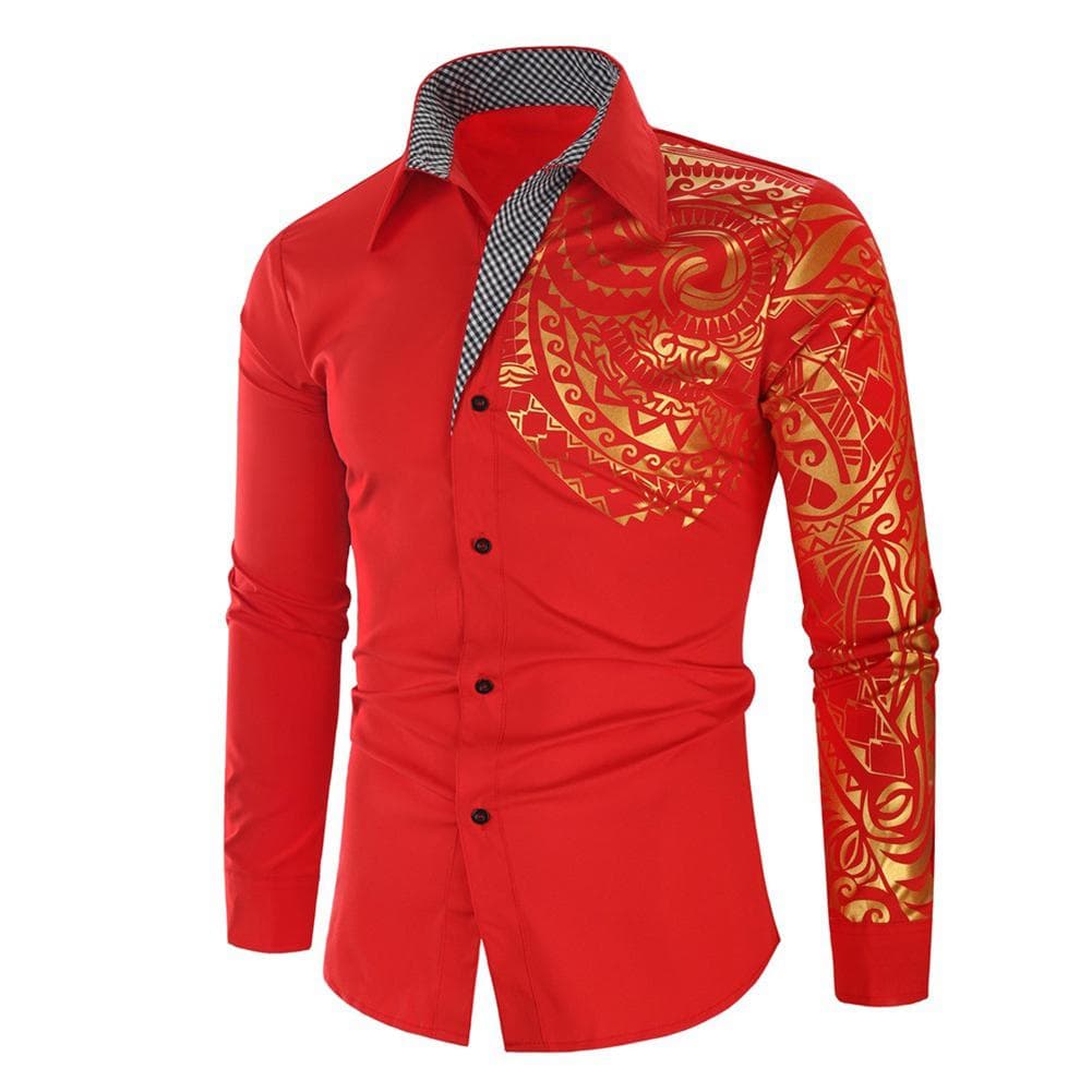 Fashion Men's Ethnic Dragon Pattern Bronzing Lapel Long-sleeved Shirt Men's Loose Top XXL red