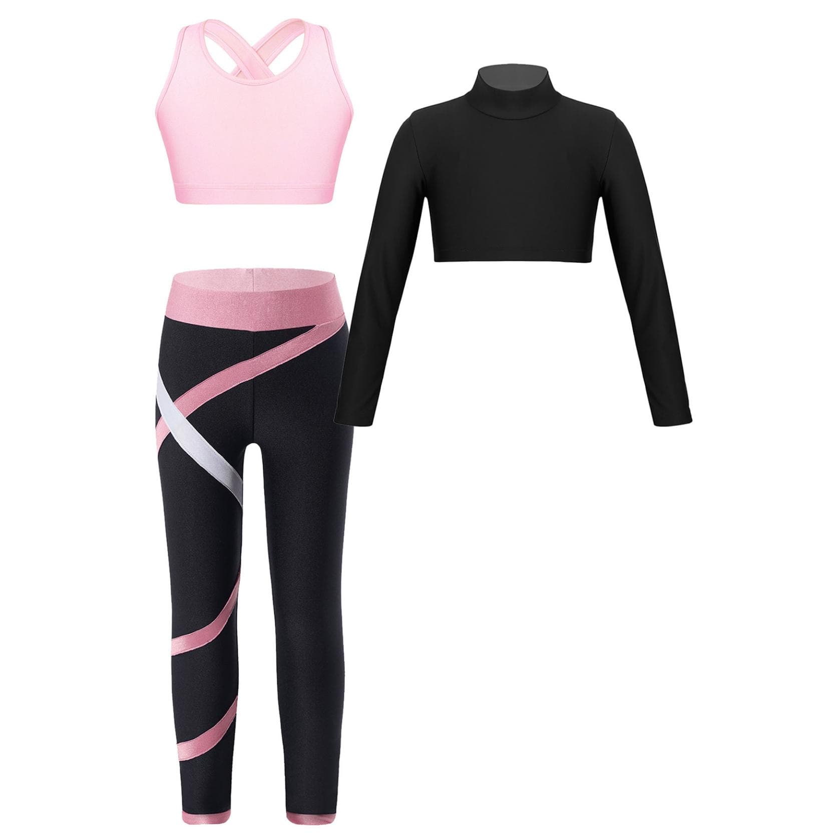 Kids Girls Sports Dance Gymnastics Crop Top with Athletic Leggings Set 3 Piece Gym Yoga Workout Outfits 9-10 Years pink