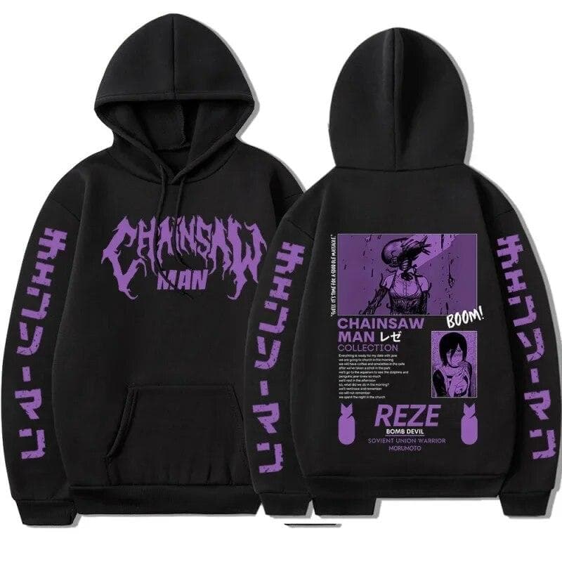 Hot Anime Chainsaw Man Hooded Reze Print Hoodie Men Women Clothes Plus Size Streetwear Comfortable Sweatshirt Harajuku Unisex Pullover M black
