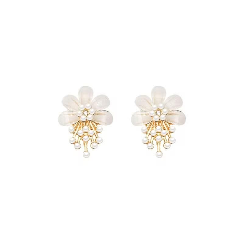 Korean Flower Stud Earrings for Women Rhinestone Faux Pearl Drop Earrings Elegant Ear Studs Spring Birthday Prom Jewelry Gift white