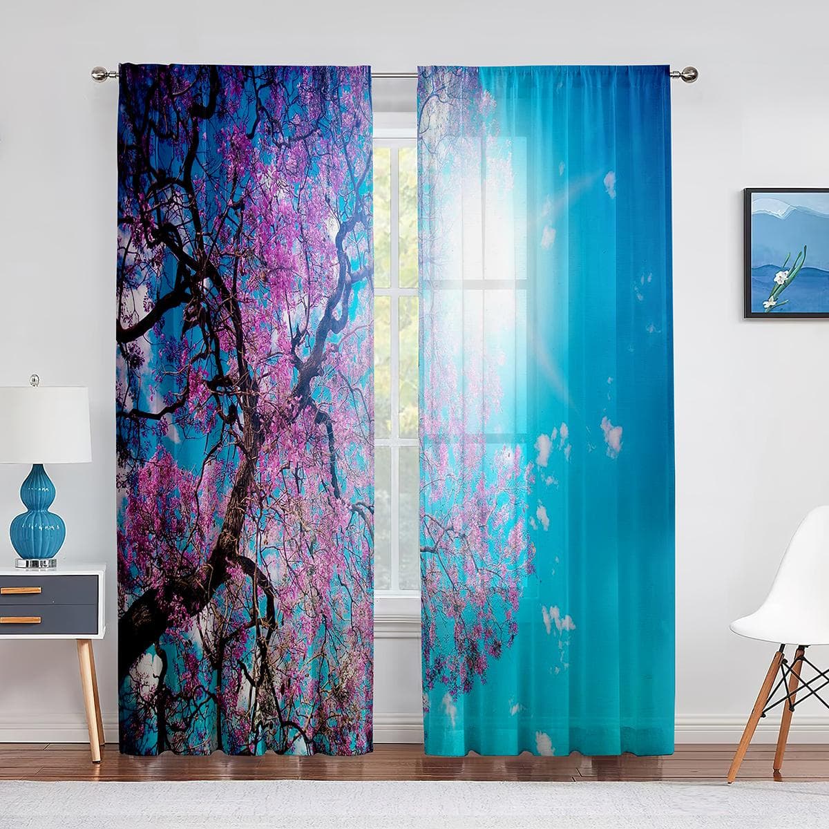 Cherry Blossom Sheer Voile Curtain Floral Sakura Blossom Pink Flower Window Tulle Curtains for Living Room Bedroom Kitchen Decor 1 PCS W100XH250cm&Grommet Top