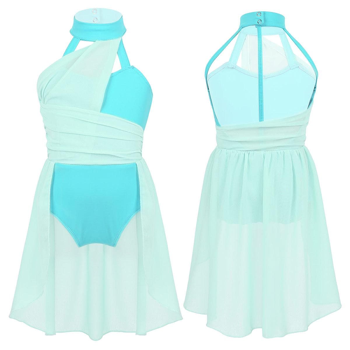 Kids Girls Sleeveless Ruched Chiffon Bodice Caged Back Leotard Dress for Lyrical Contemporary Dance 14-16 Years mint green