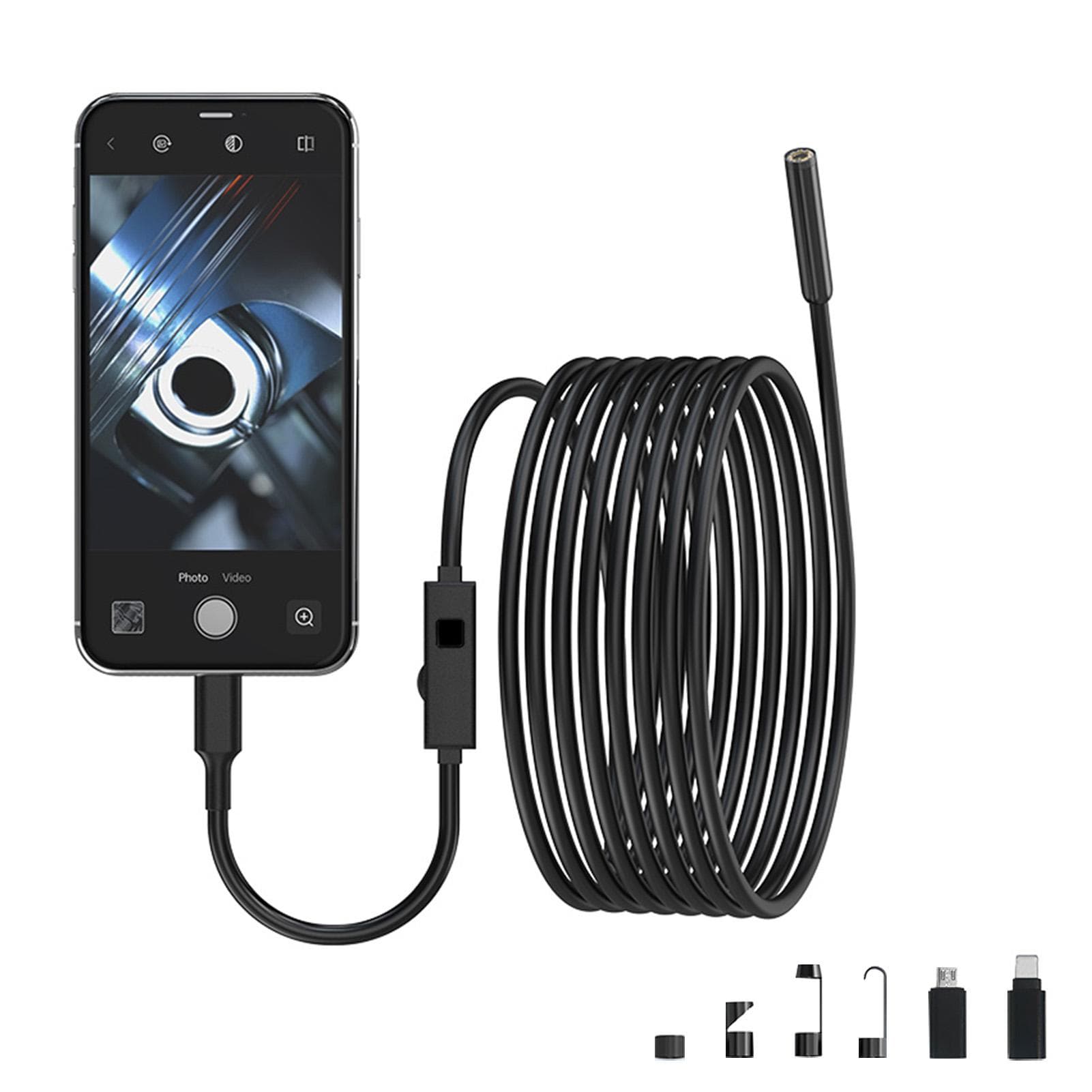 Endoscope Camera with Light, IP67 Waterproof Borescope with 8 LED Lights 16.4ft Semi-Rigid Cable, black