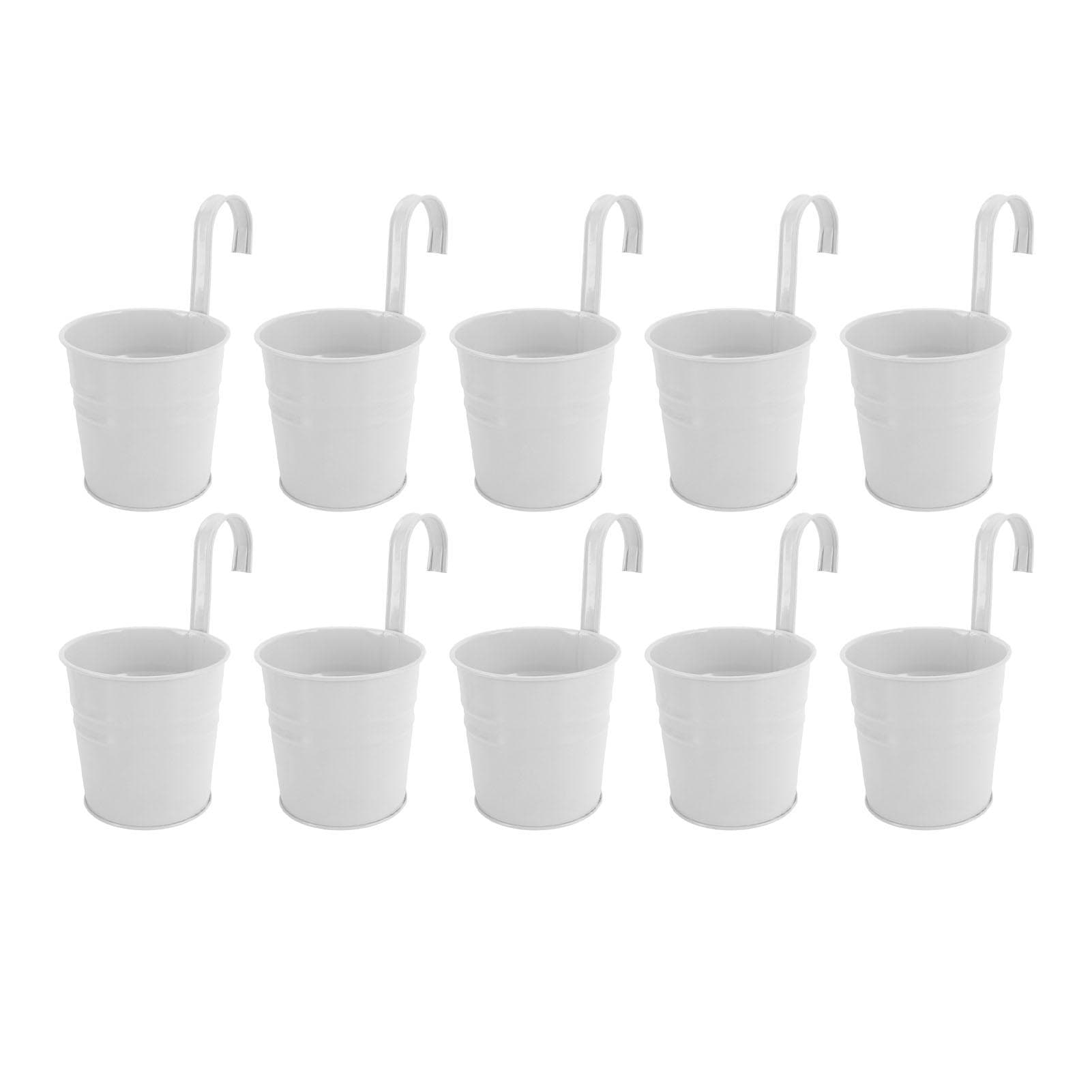 10Pcs Hanging Flower Pots with Removable Hooks Outdoor Indoor Plants Metal Buckets Wall Fence Home white