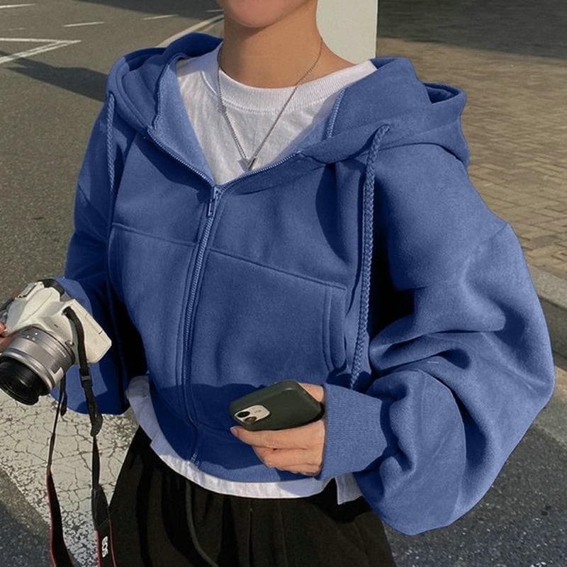 6 colors Solid Zip Up Drawstring Hoodie, Casual Long Sleeve Sweatshirt with Pocket, Women's Clothing S blue