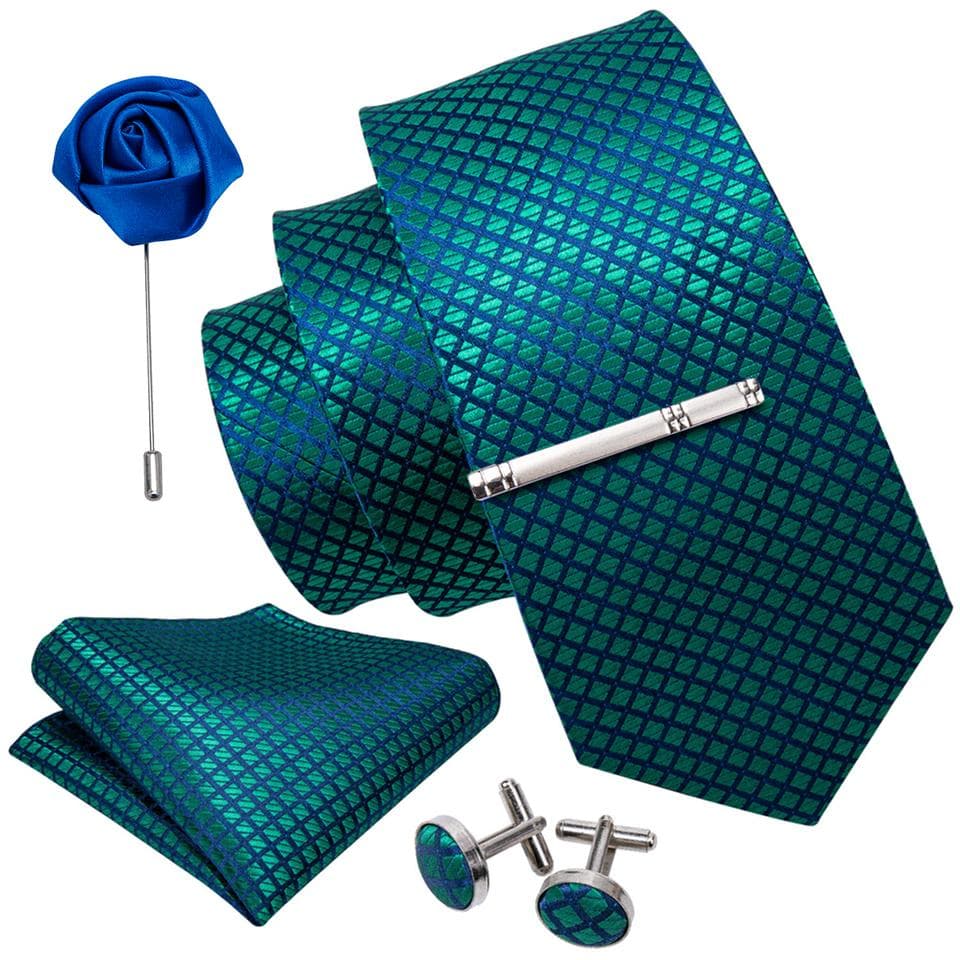 Barry.Wang Tie Set for Men Blue Paisley Silk Necktie Hanky Cufflinks Boutonniere Tie Clip for Wedding Business N-1610
