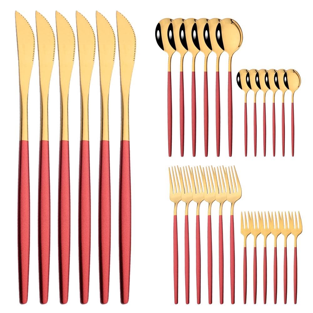 30Pcs Black Gold Cutlery Set Knife Cake Fork Spoon Dinnerware Set Flatware Stainless Steel Silverware Party Kitchen Tableware gold/red