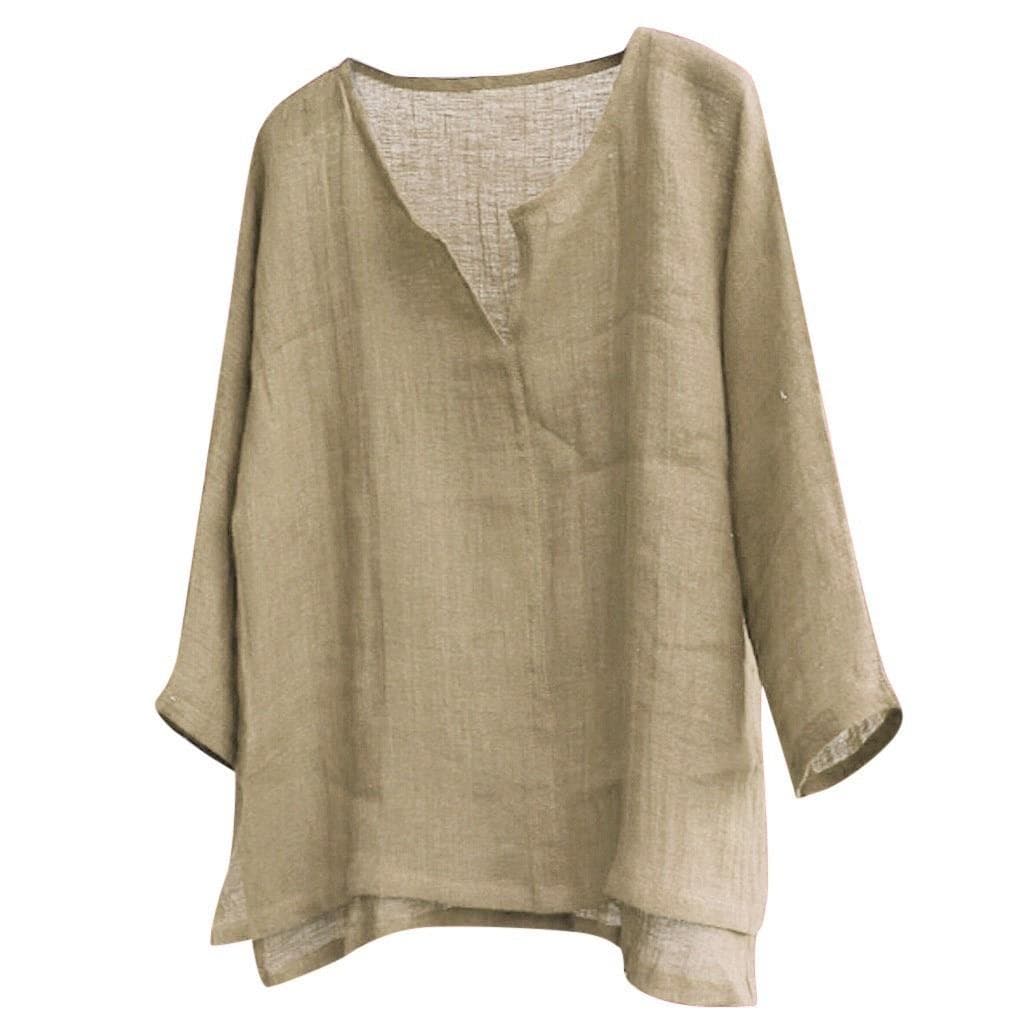 New Men's Summer Spring Long Sleeve Loose Shirt Solid Color Casual Long Sleeve Cool Shirt Vn-eck Tops Size S-5XL EU L khaki