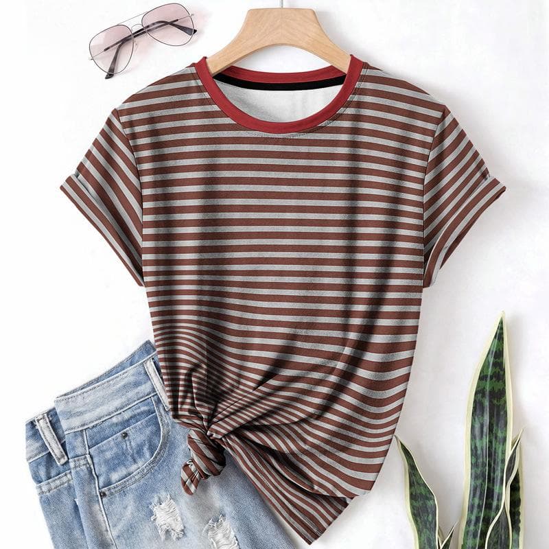 Striped Casual Sports Women's T-shirt Summer Round Neck Short Sleeved Element Pattern Checkered Loose Fit T-shirts M