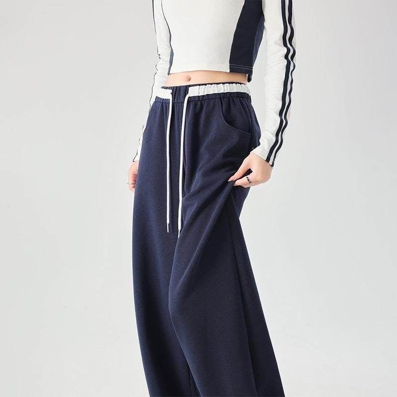 Color Blocking Wide Leg Pants for Women In Spring, High Waisted Loose Lace Up Pants, Casual Straight Leg Sports Pants XL navy blue