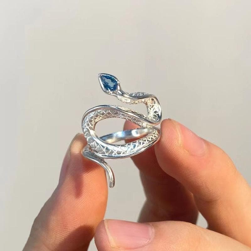 Personality Blue Stone Wrapped Cobra Adjustable Open Ring for Women Creative Silver Color Ring Charm Jewelry
