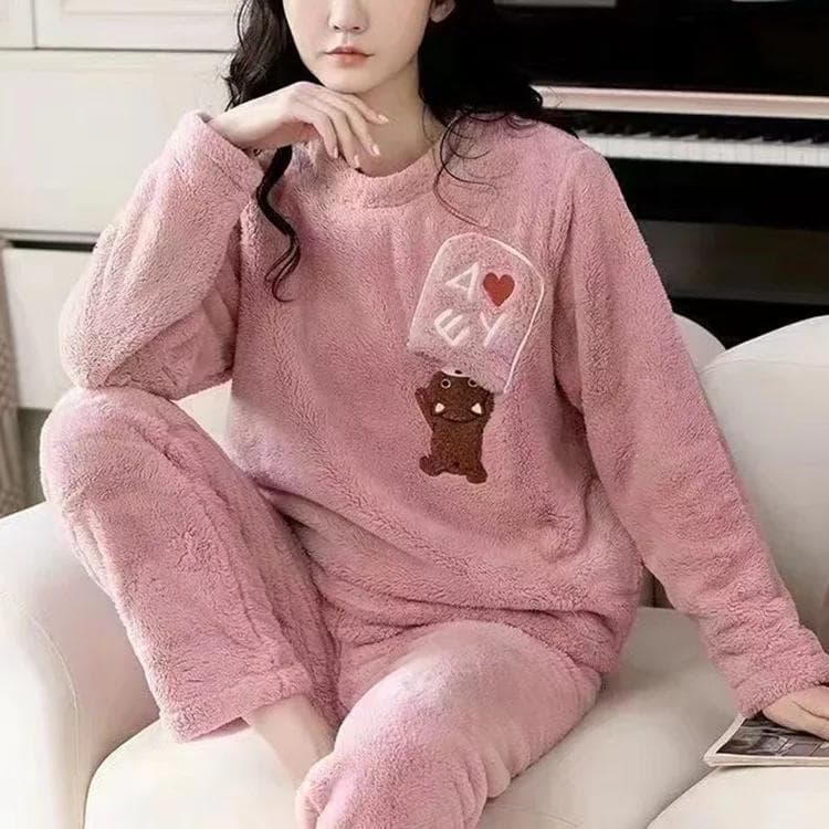Cute Cartoon Top Pants Soft Pijamas Set for Women Fleece Thick Warm Women's Pajamas Set Winter Sleepwear Home Suit Pyjamas Femme 2XL