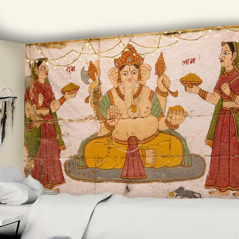 Indian God Ganesha Art Wall Tapestry Lord Ganesha Vinayaka Ganapati Statue Buddha Painting Religion Art Golden Elephant Decor 95x70CM