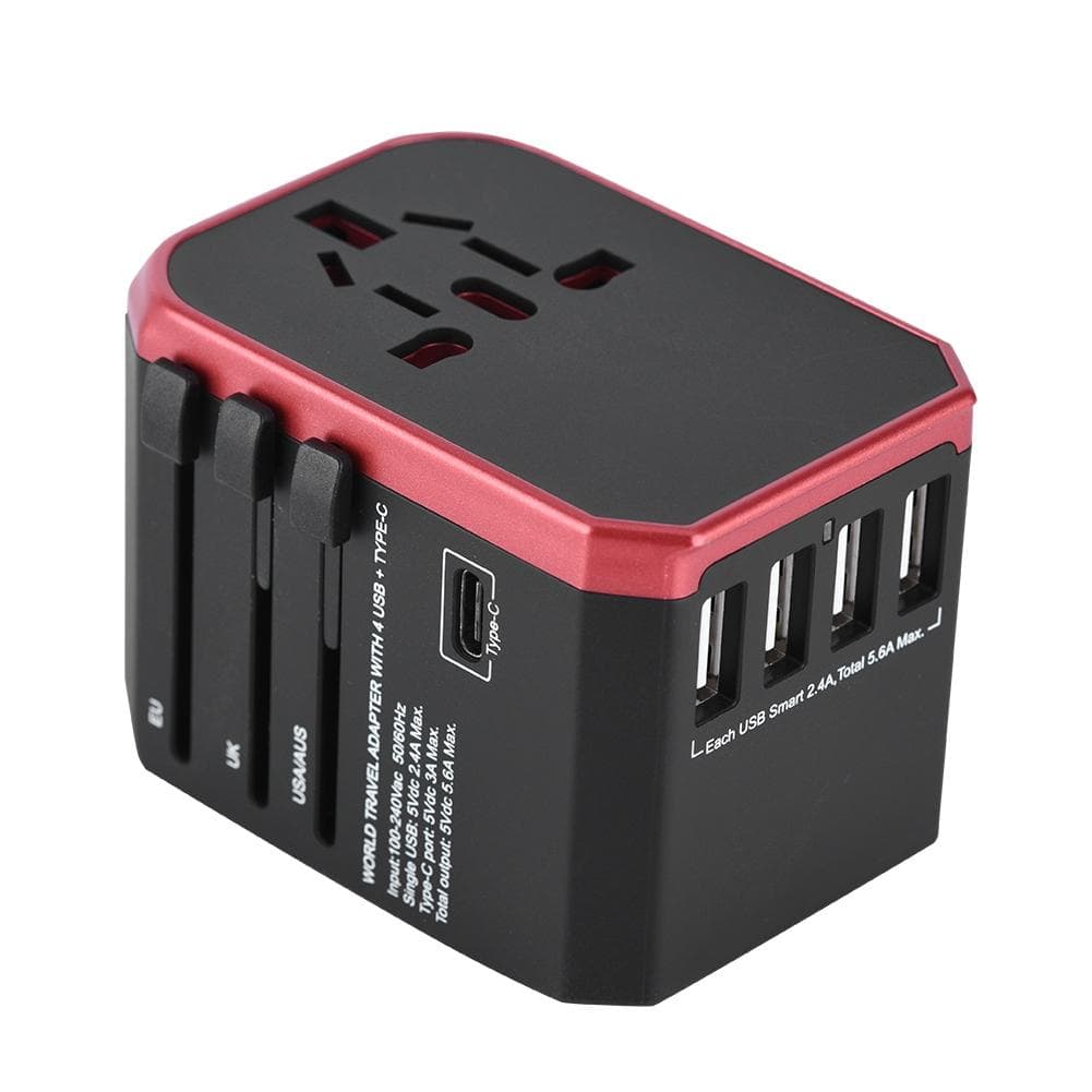 Universal Travel Adapter Plug 4 USB Ports Type C Sockets Converter for (Red)