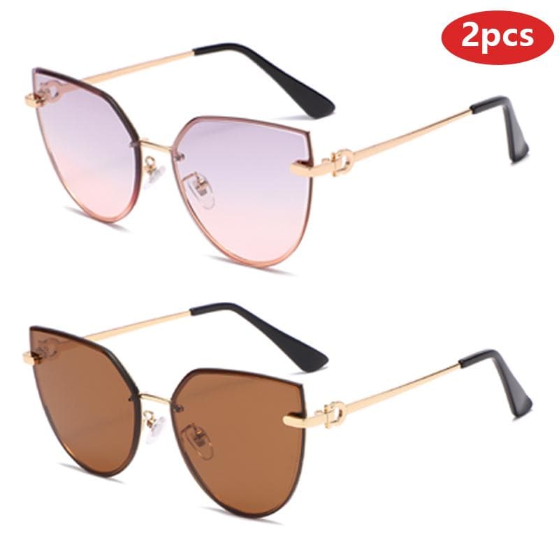2pcs Fashion Frameless Cat Eye Sunglasses UV400 Protective Glasses Metal Frame Gradient Lens Outdoor