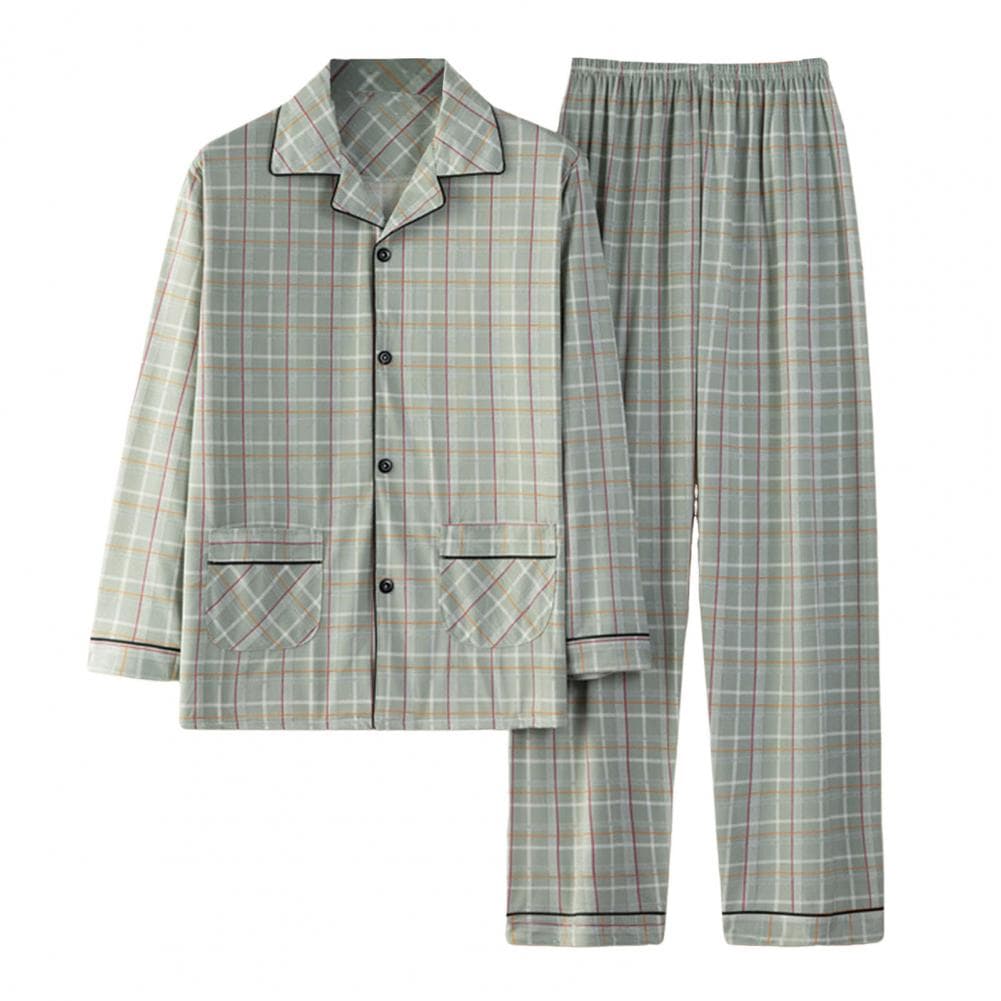 2Pcs/Set Men Pajamas Set Plaid Print Lapel Long Sleeve Single Breasted Shirt Elastic Waist Long Pants Set Loose Fit Loungewear S L light green