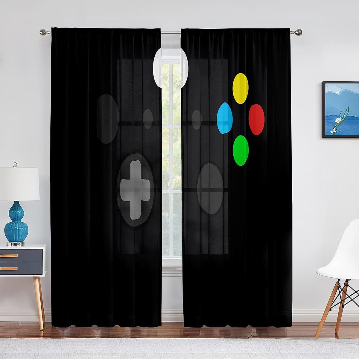Boys Gamer Tulle Curtains for Living Room Decor Gaming Controller Video Game for Kids Sheer Voile Curtain Window Drapes Blinds 1 PCS W500XH250cm&Rod Pocket