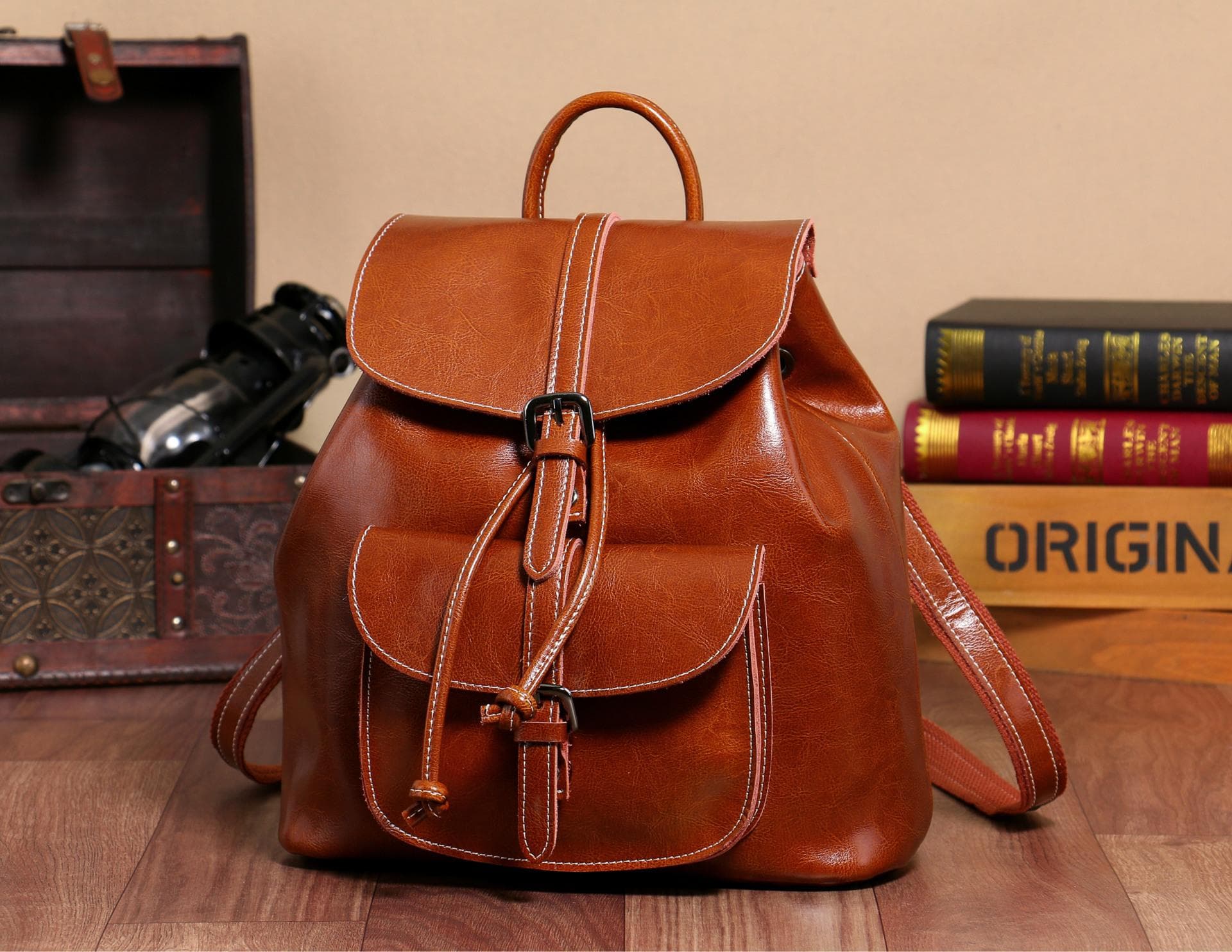 Oil-waxed Leather Pocket Backpack, Drawn-out Strap, Flap Cover, Large Leather Bag for Women 28*30*12 brown