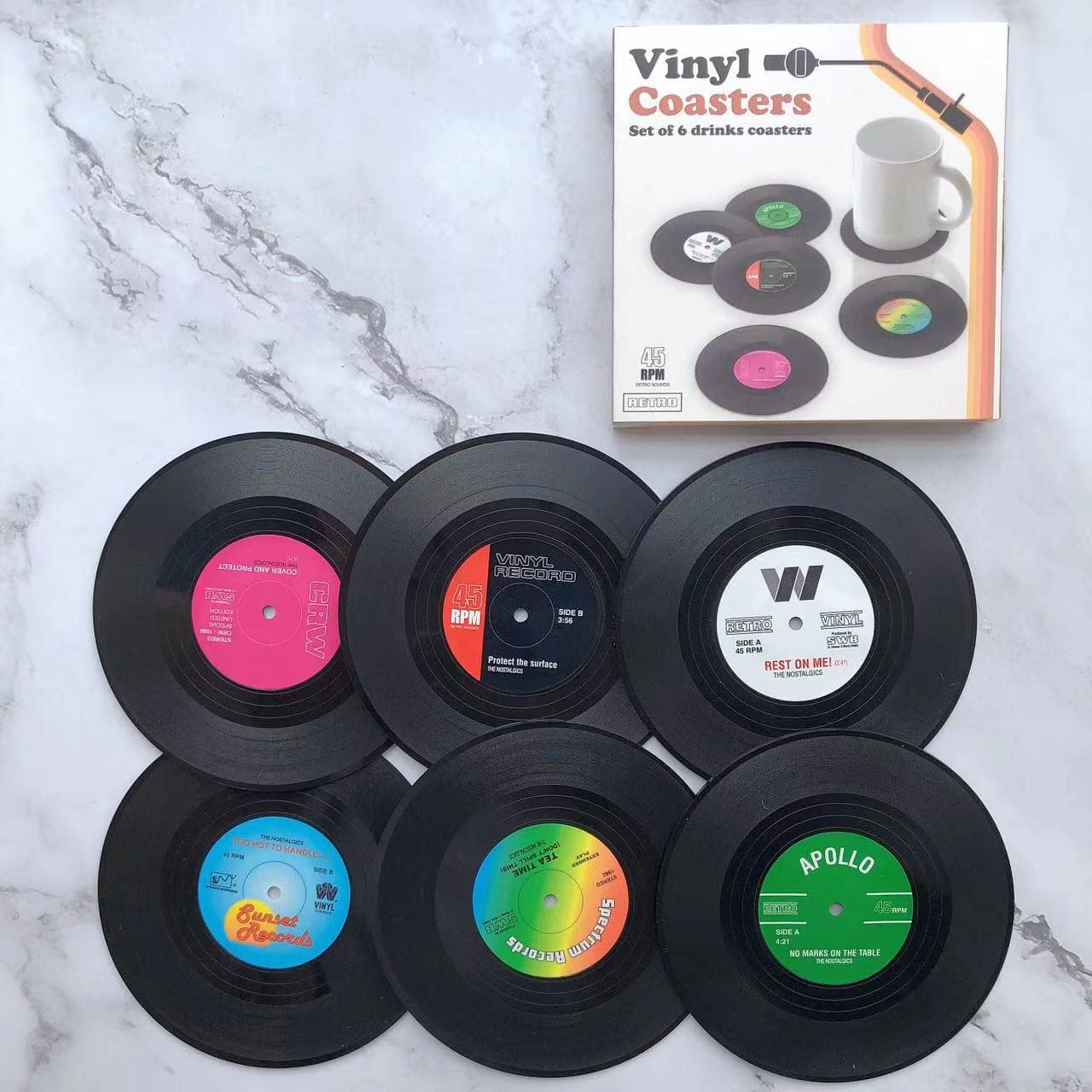 Set of 6 Colorful Retro Record Disk Coasters for Drinks Vinyl Record Coaster Set Coffee Table Decor Anti slip insulation pad