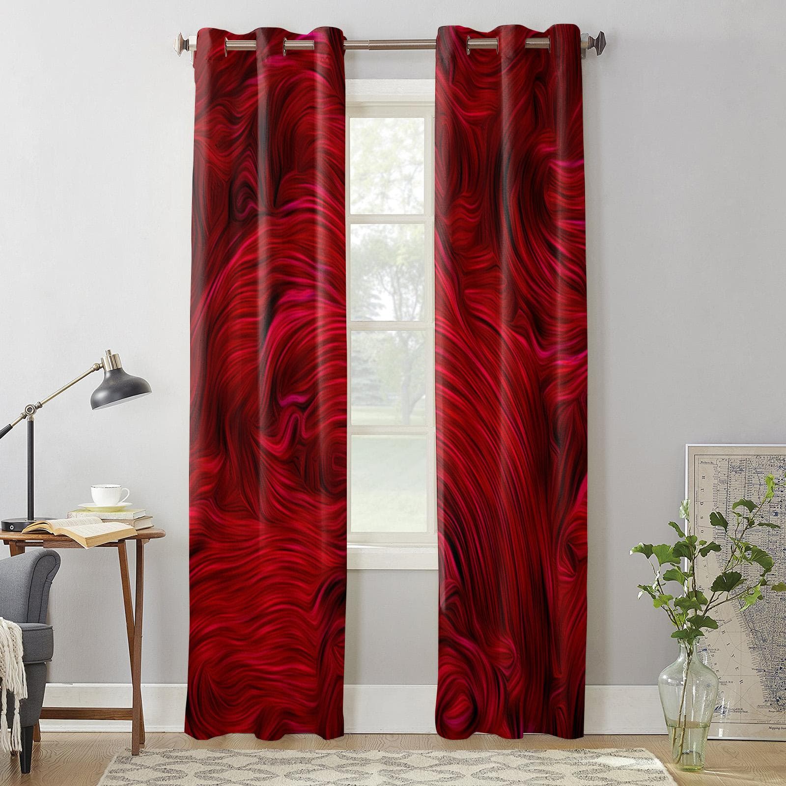 Red Abstract Texture Lines Window Curtains for Living Room Bedroom Luxury Modern Kitchen Curtains Fabric Drapes 70W x 100H(cm) x2