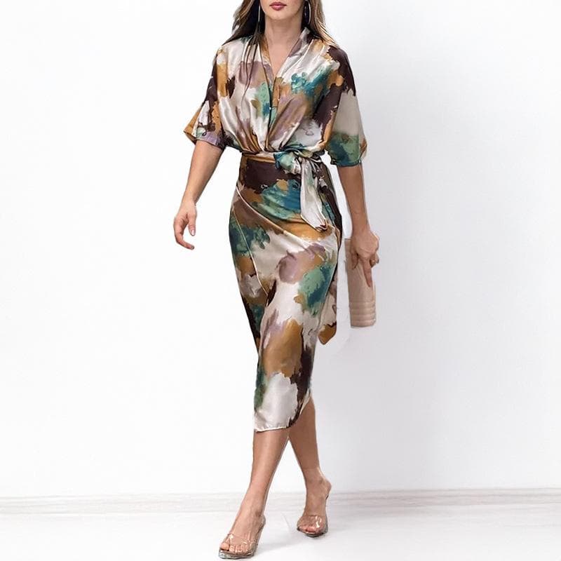 Women's Spring Dress New Product Elegant Print V-neck Lace Waist-hugging Slim Dress 3XL