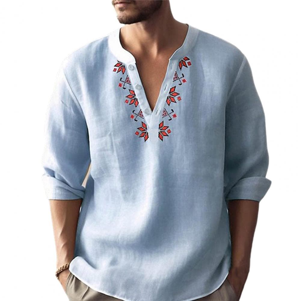 Men Geometric Print Buttons Neckline Shirt Tops V-neck Long Sleeve Loose Fit Solid Color Thin Pullover Tops Workwear XXXL blue