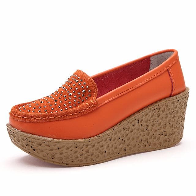 Women Genuine Leather Wedge Platform Shoes Ladies Slip On Crystal Flat Shoes High Heel 7cm Thick Sole Shallow Casual Loafers 40 orange