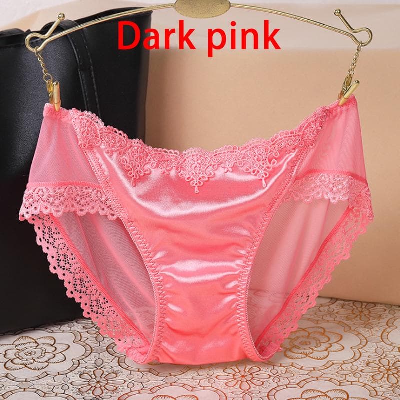 Women Lady Sexy Lace Panties Silk Satin Seamless Breathable Lingerie Briefs Underwear Underpant M dark pink