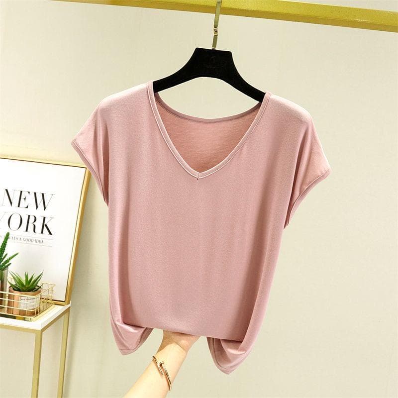Women Summer Solid V Neck Basic T Shirt Modal Loose Tee Tops Casual Undershirt L pink