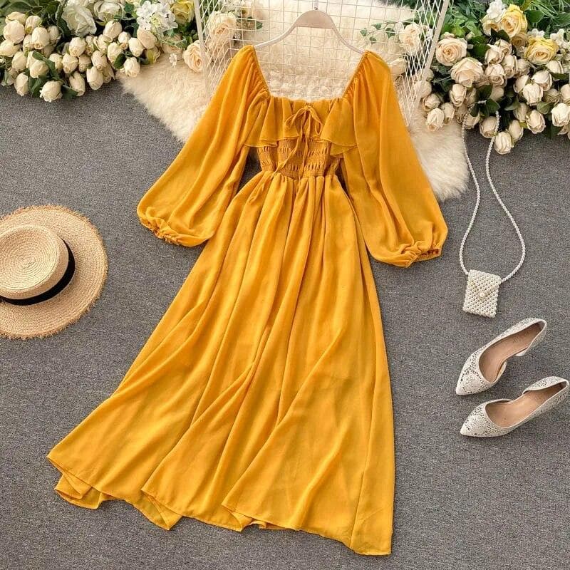 Chic Elegant Square Collar Maxi Dress Women Solid Chiffon Puff Sleeve Dresses Korean Vintage Ruffle Vestidos One Size yellow