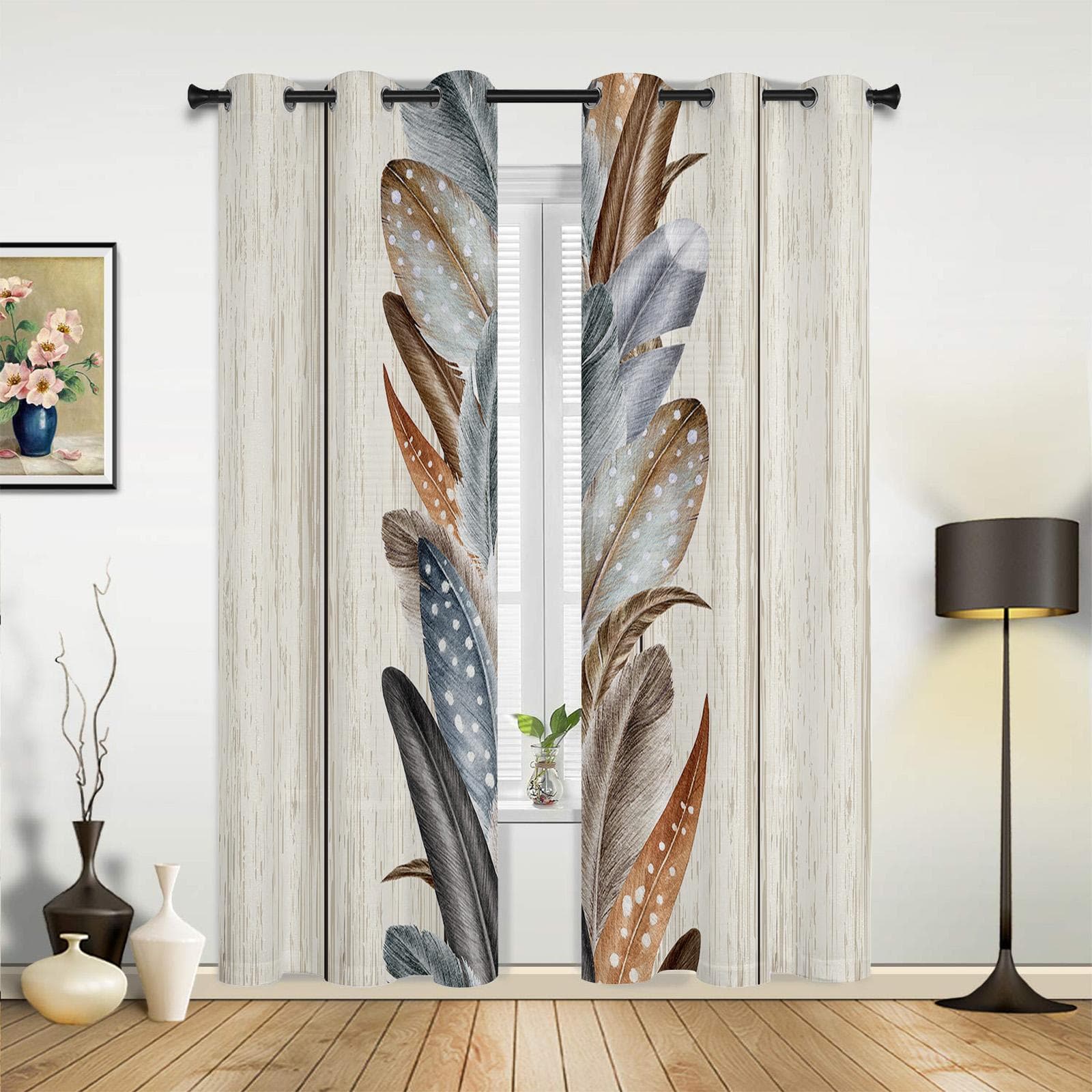 Retro Feather Wood Grain Luxury Window Curtain for Living Room Bedroom Home Decor Kitchen for Window Drapes 135W x 60H(cm) x1