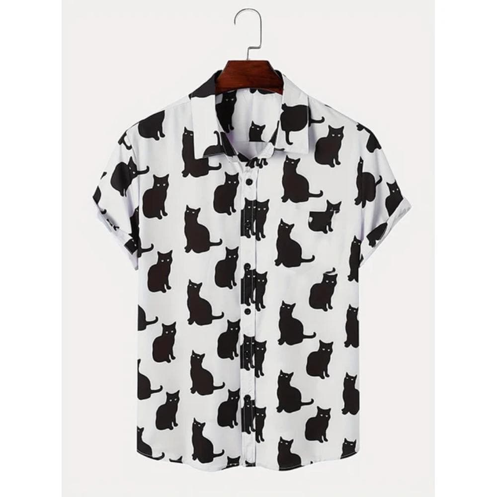 Summer Cute Cat Print Shirt Men's Casual Short Sleeve Hawaiian Casual Button Lapel Shirt For Summer Men Clothing Streetwear XL