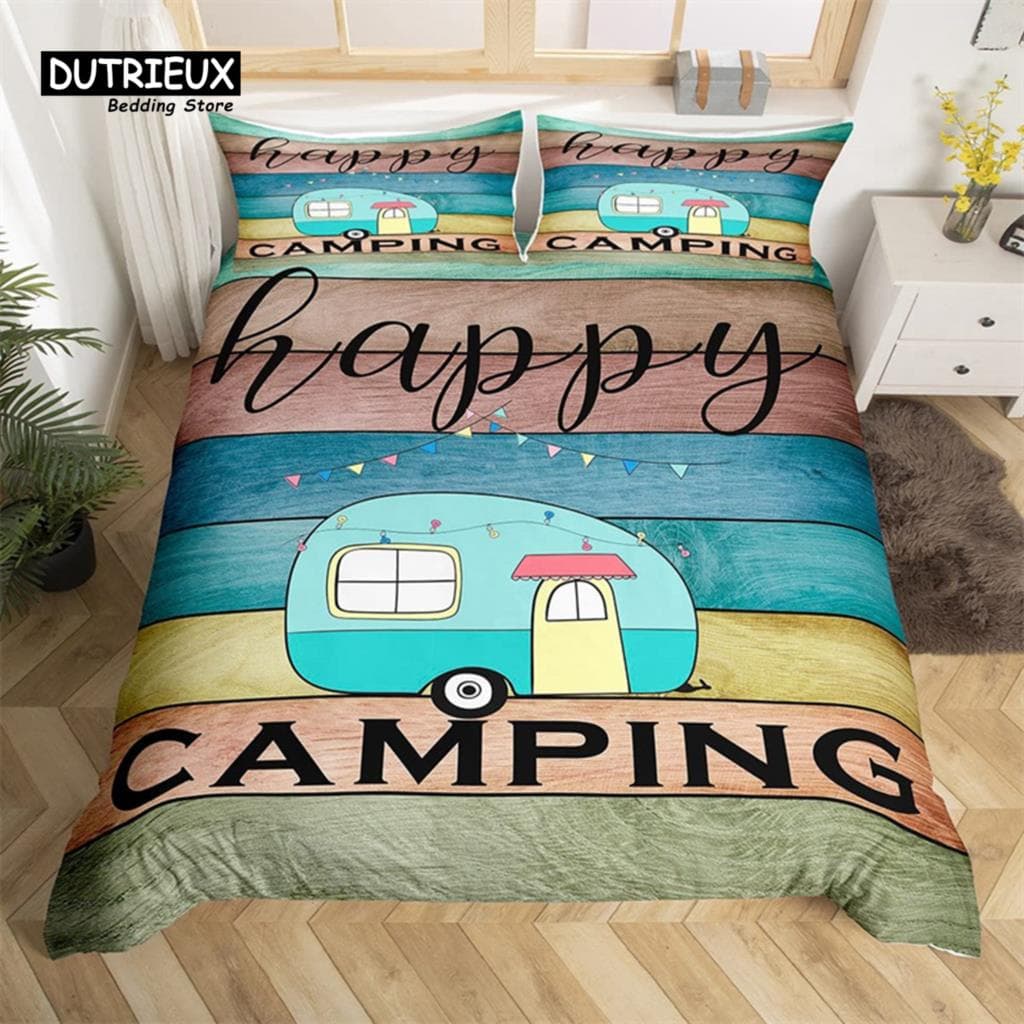 Kids Christmas Bedding Set Queen Happy Camping Car Duvet Cover Microfiber Cartoon Comforter Cover For Boys Girls New Year Gifts EU single(135x200cm)