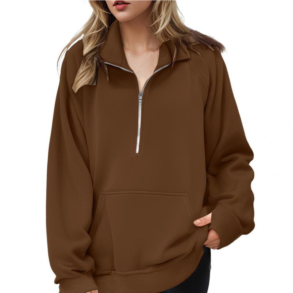 Women Fall Winter Sweatshirt Lapel Zipper Half Placket Long Sleeve Front Pocket Pullover Tops Solid Color Loose Fit Sport Sweats S coffee