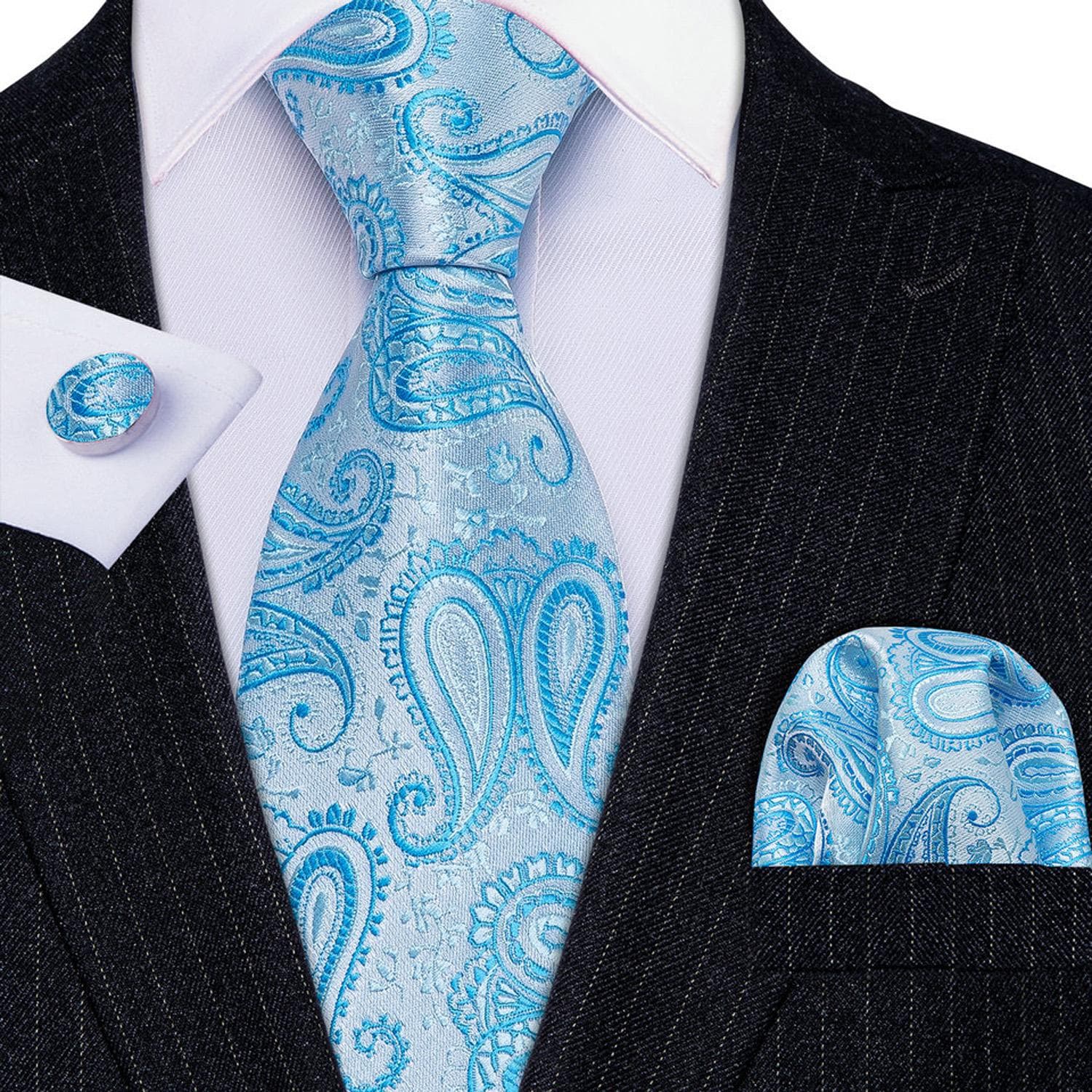 Hi-Tie Necktie Hankerchief Cufflinks Set Light Blue Striped Jacquard Wedding Party N-0476