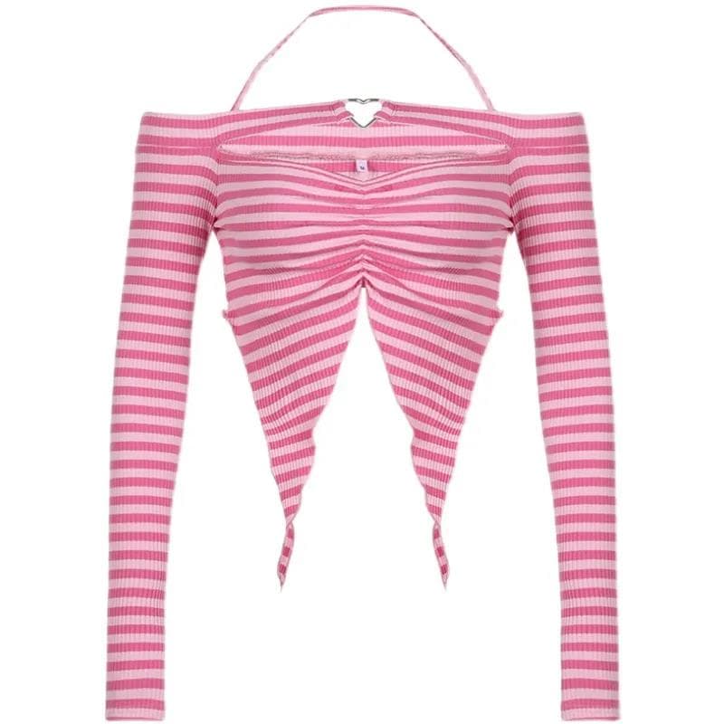 Y2K Pink Striped Slim T-shirt Women's Irregular Halter Neck Crop Top T-Shirt Short Strapless Top Sexy Egirl Hotsweet Spring and Summer One Size pink