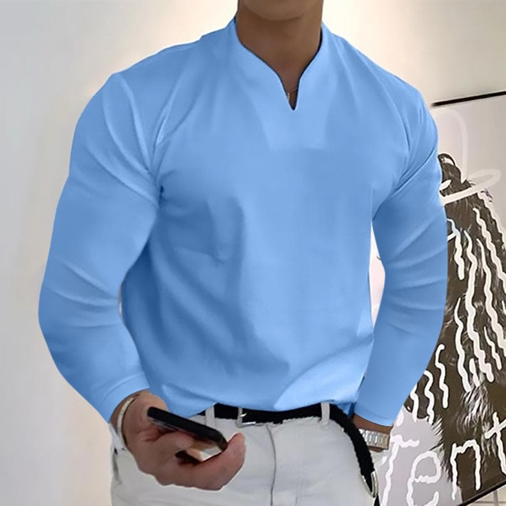 Order A Size Up,Men's Clothes Spring Autumn V-neck Loose Fit Long Sleeve T-shirts Solid Color Tops Casual Tees Shirts Mens Shirts XXXXXL light blue