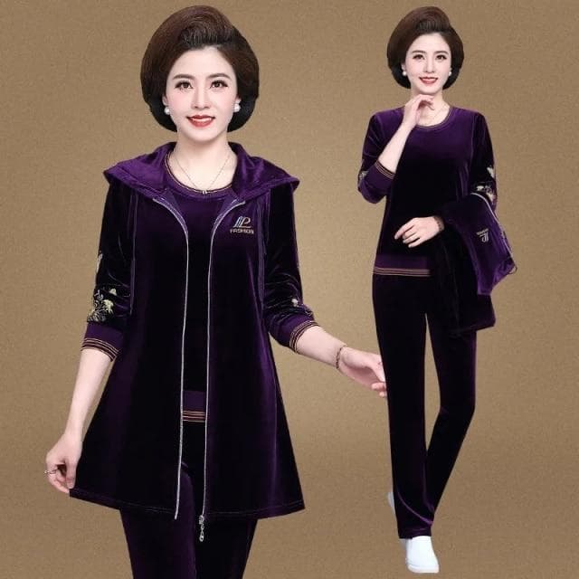 Mom's Velvet Tracksuit Women Embroidered Plus Size 3 Piece Outfit Casual Zip Up Hooded Waistcoat + T-Shirt + Pants Set Sweatsuit L purple