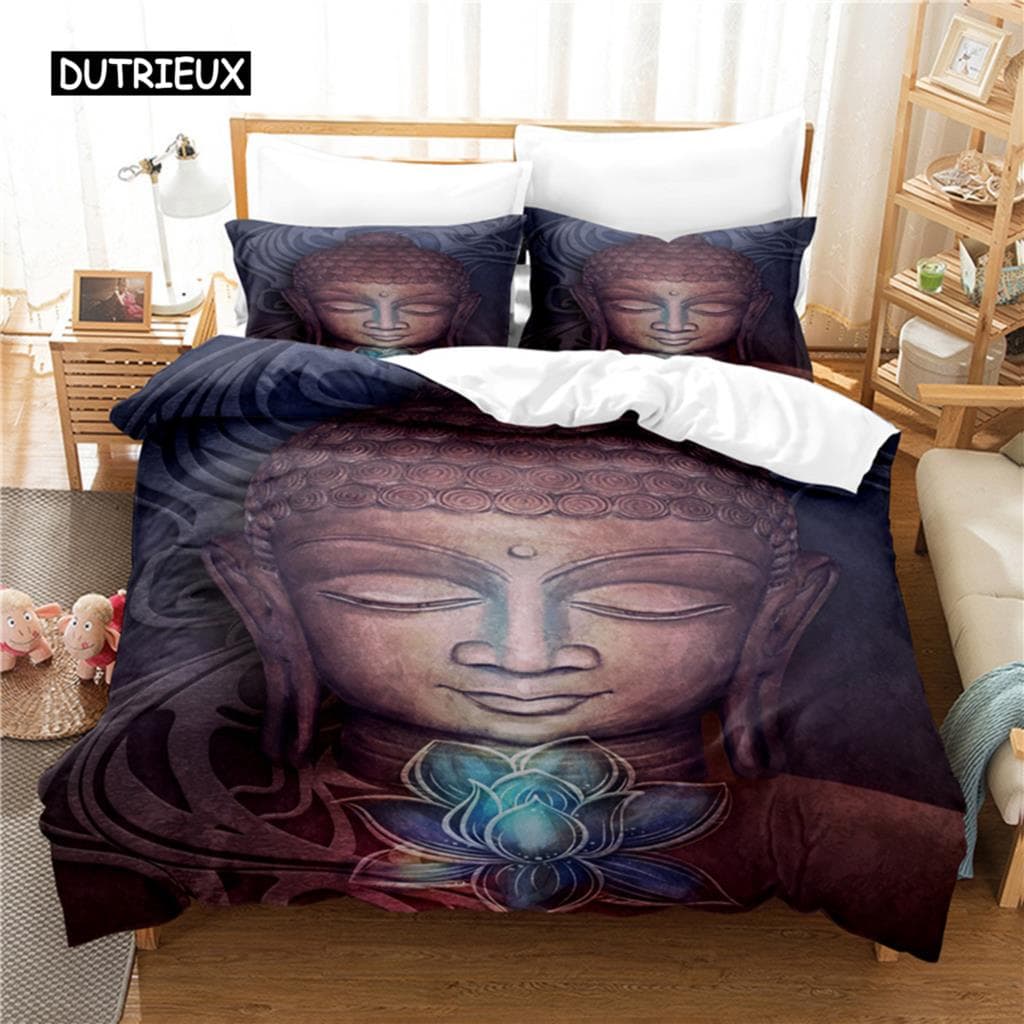 Buddha Duvet Cover Set King Size Golden Mandala Asian Culture Theme Bedding Set Microfiber Exotic Retro Style Comforter Cover 150x200cm 3pcs